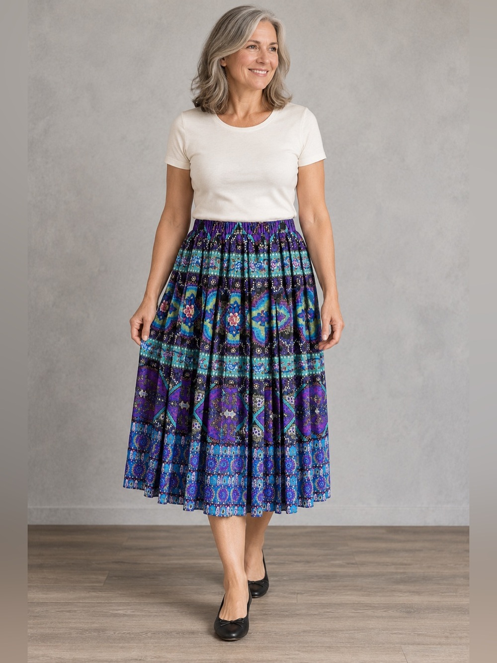 Vintage Three Flaggs Blue Purple Boho Accordion Pleated Midi Skirt EUC 16 #1092